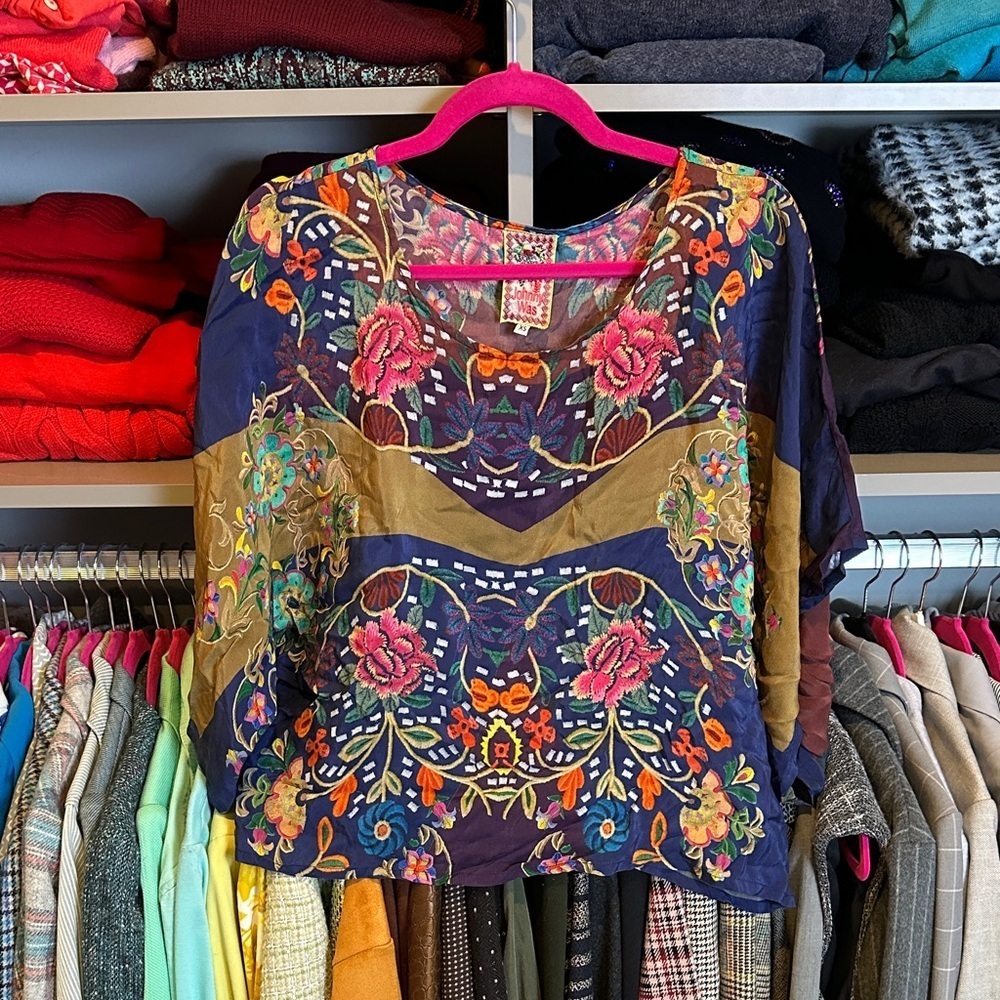 Johnny Was multicolored floral print dolman sleeve scoop neck blouse size XS